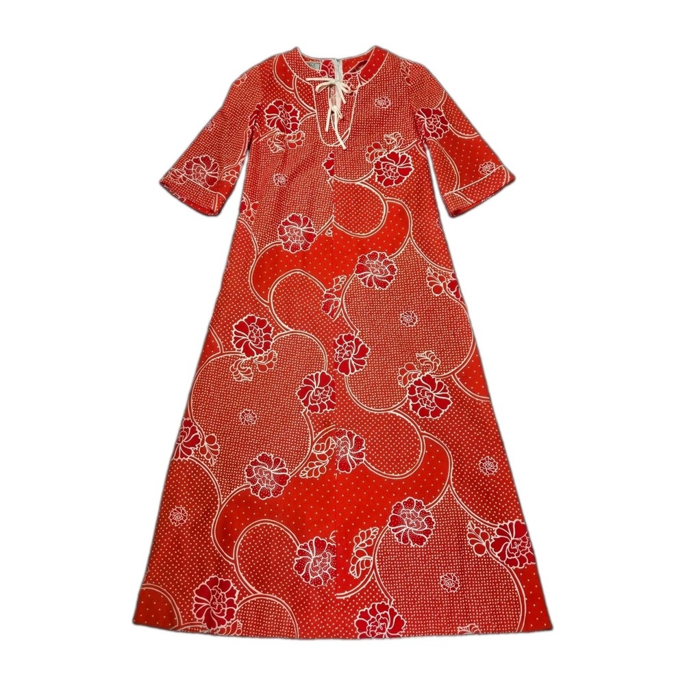 1960s Vintage Pake Muu Hawaiian Maxi Dress Orange Tiki Cotton Floral Print Sz 14
